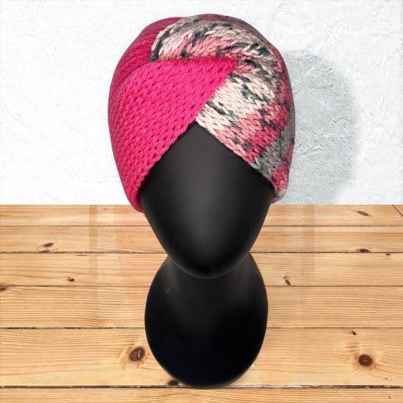 Hand Crafted Accessories - Handmade Knit Twist Ear Warmers Handcrafted Headband Hot Rose & Surprise Stripe